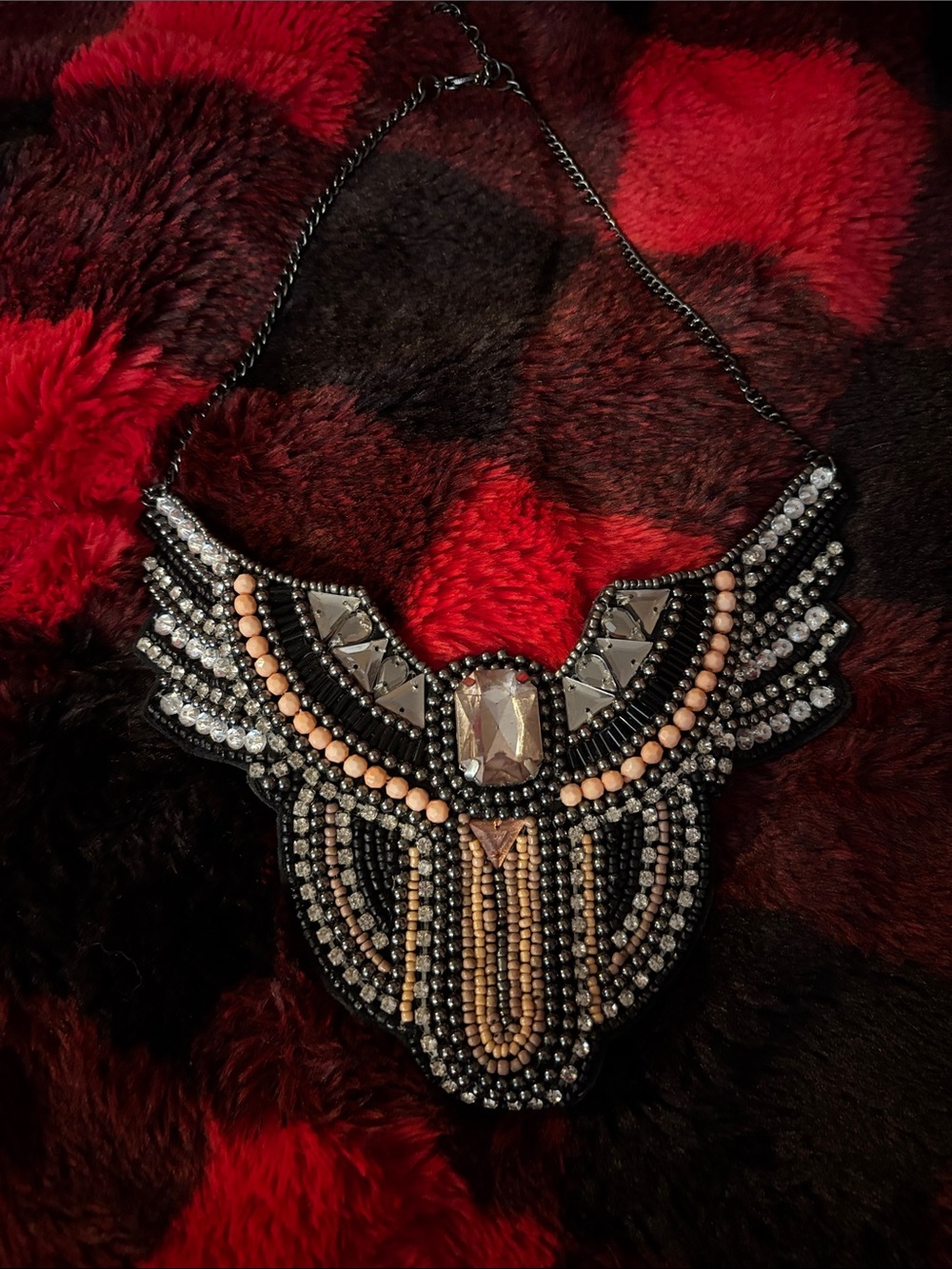 Beaded Statement Necklace in Black and Peach